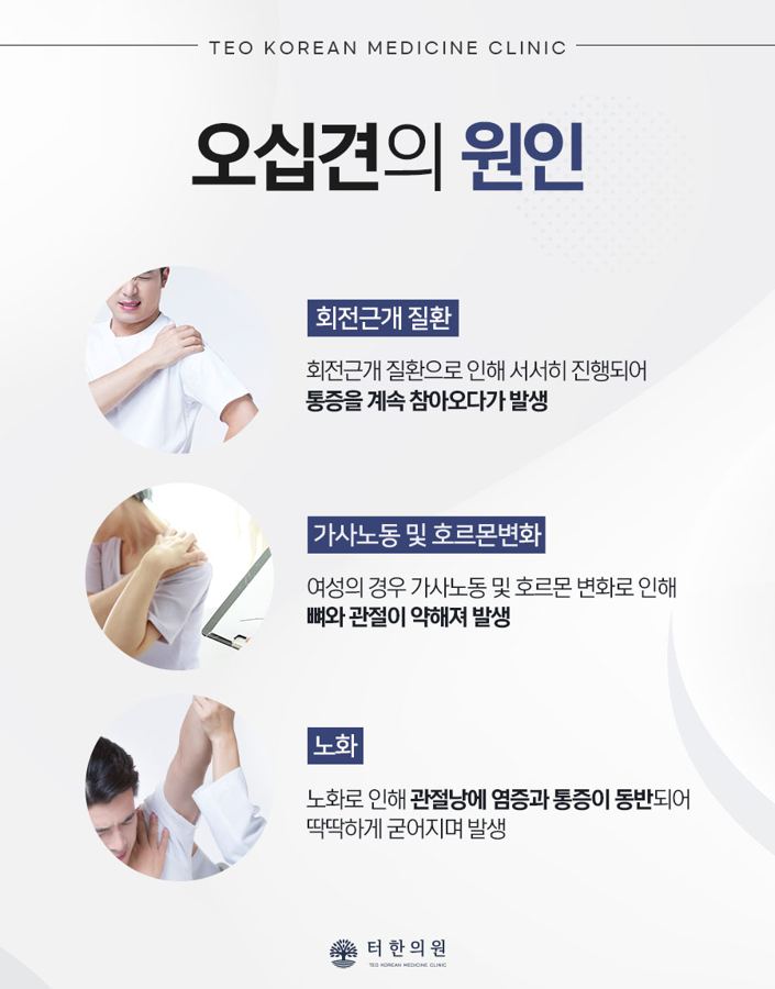 오십견의 주요 원인을 신체 사진과 함께 설명한 안내문